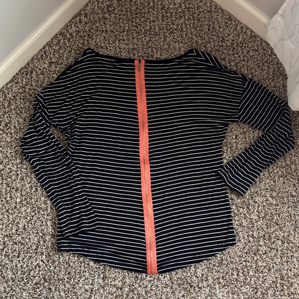 Striped navy blue and White Top with coral zipper Accent